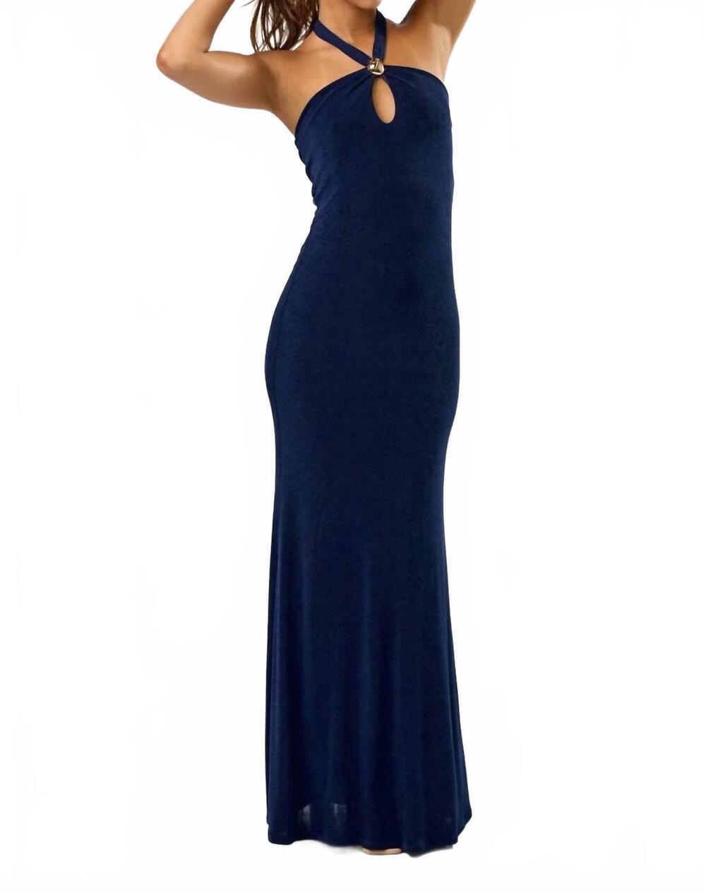 NEW BLUE BLUSH metal trim halter maxi dress in navy